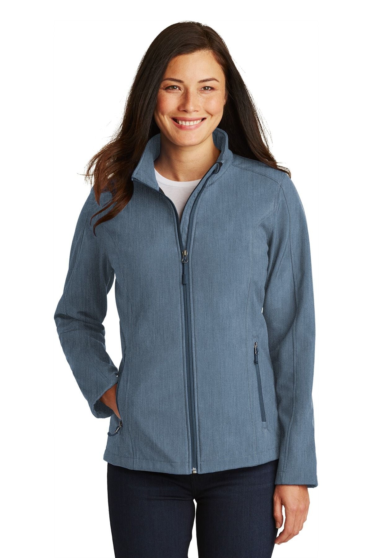 Ladies soft shell jacket in blue heather, full-zip stand collar and zip pockets