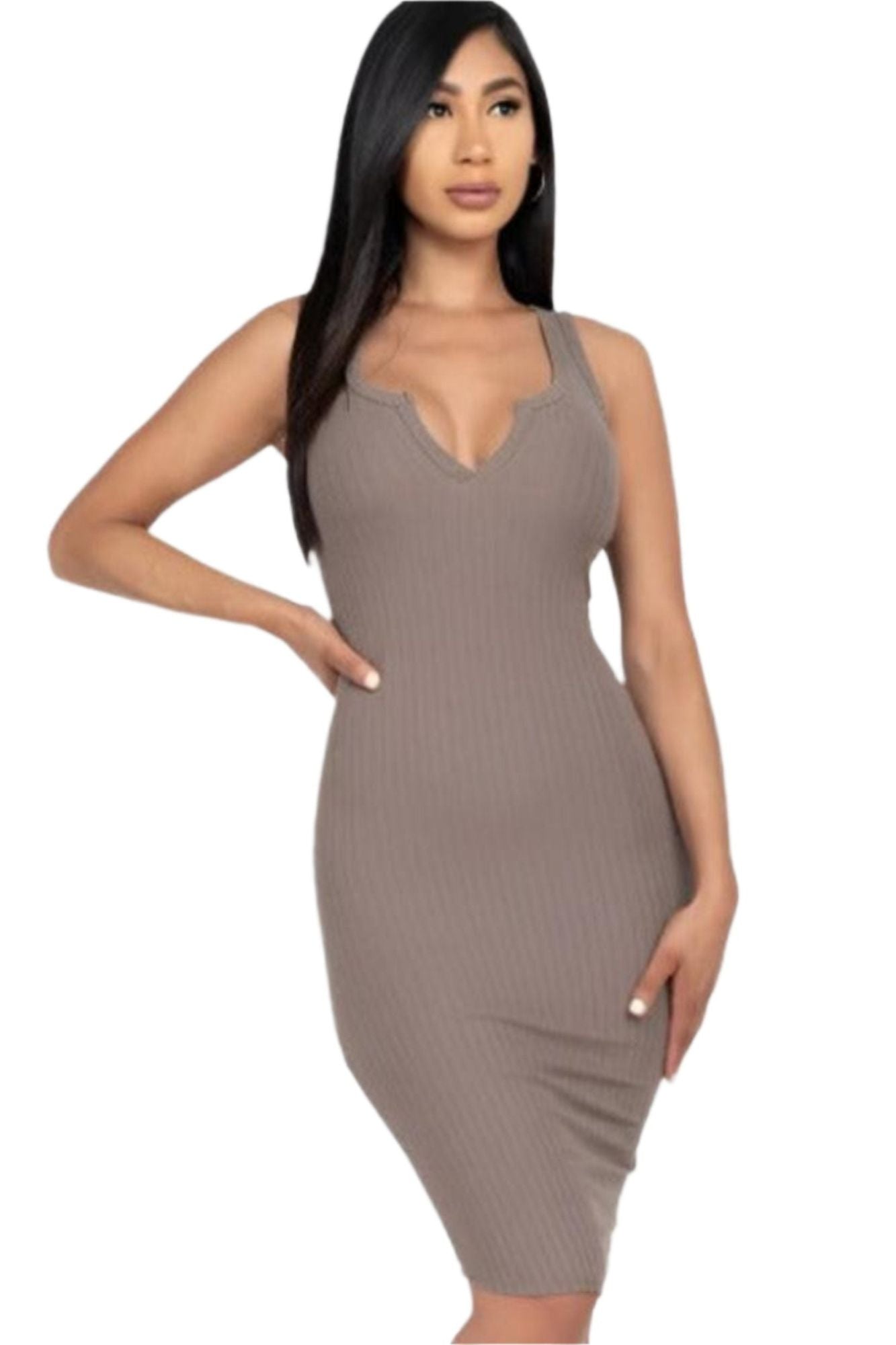 SPLIT NECK RIBBED BODYCON DRESS