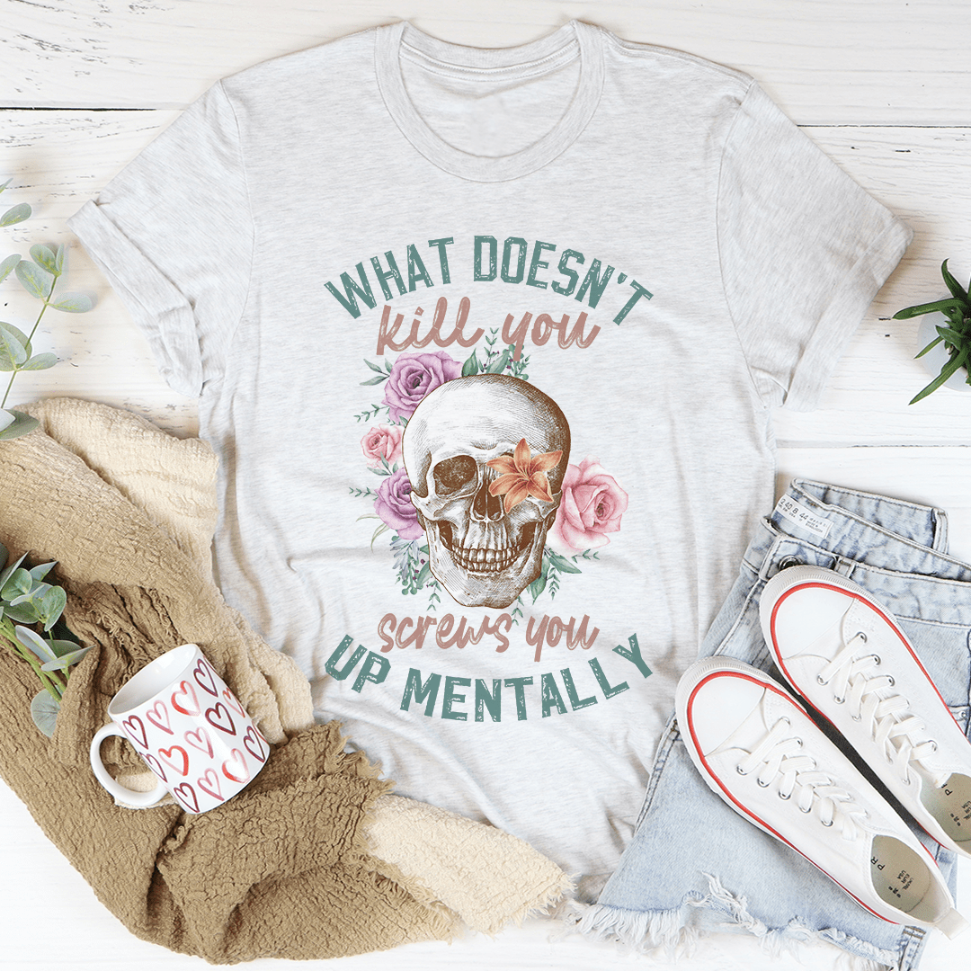 Graphic skull T-shirt, heather gray, centered floral skull and slogan print
