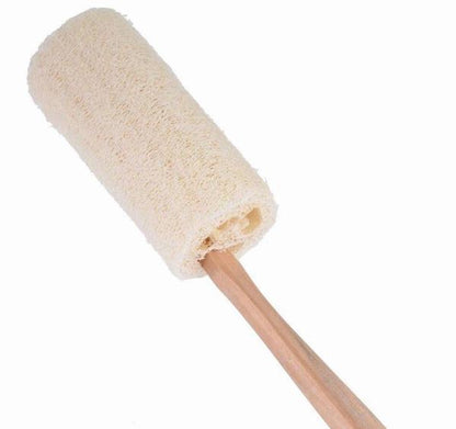 Natural loofah scrub roller with light beige mesh on wooden handle