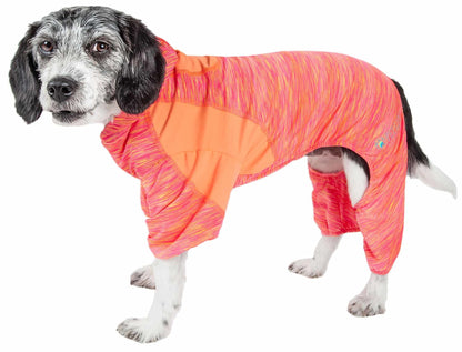 Two-tone heather performance dog hoodie on small dog, hooded with paw leg openings