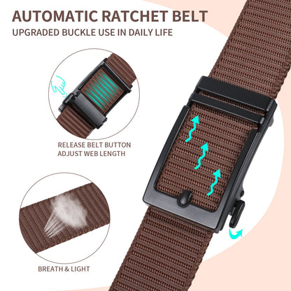 Dark brown nylon web belt with black automatic ratchet buckle and release button