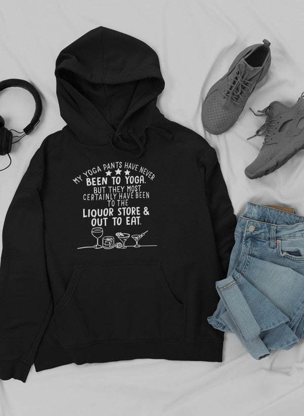 Black pullover hoodie with drawstring hood and kangaroo pocket, printed front graphic