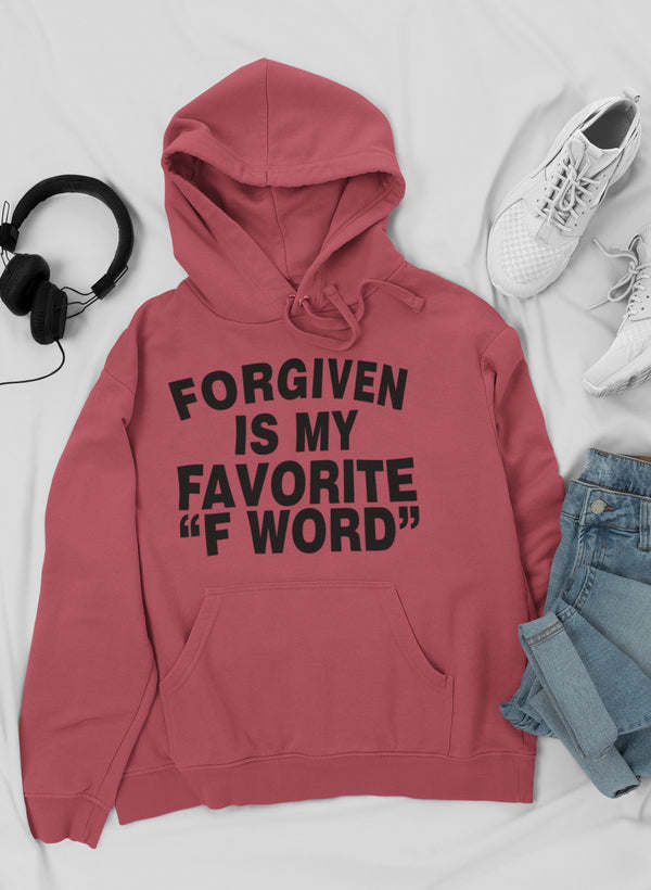 Mauve hoodie with drawstring hood and kangaroo pocket, featuring "F WORD" graphic