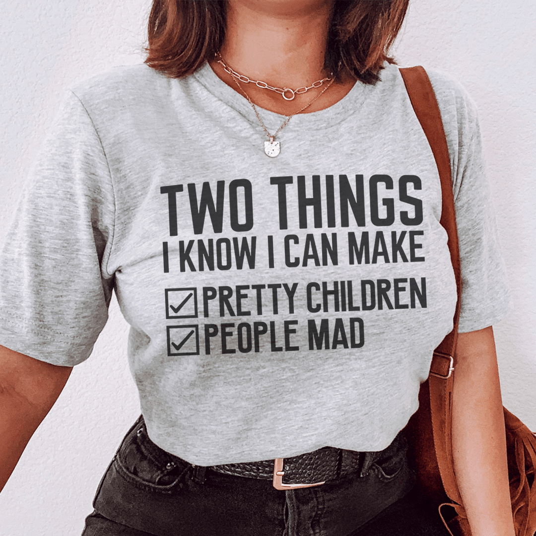 Heather gray graphic T-shirt with “Two Things I Know I Can Make” slogan and checkboxes