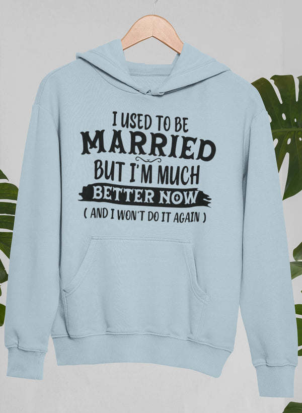 Light blue hoodie with slogan print and kangaroo pocket, pullover hood
