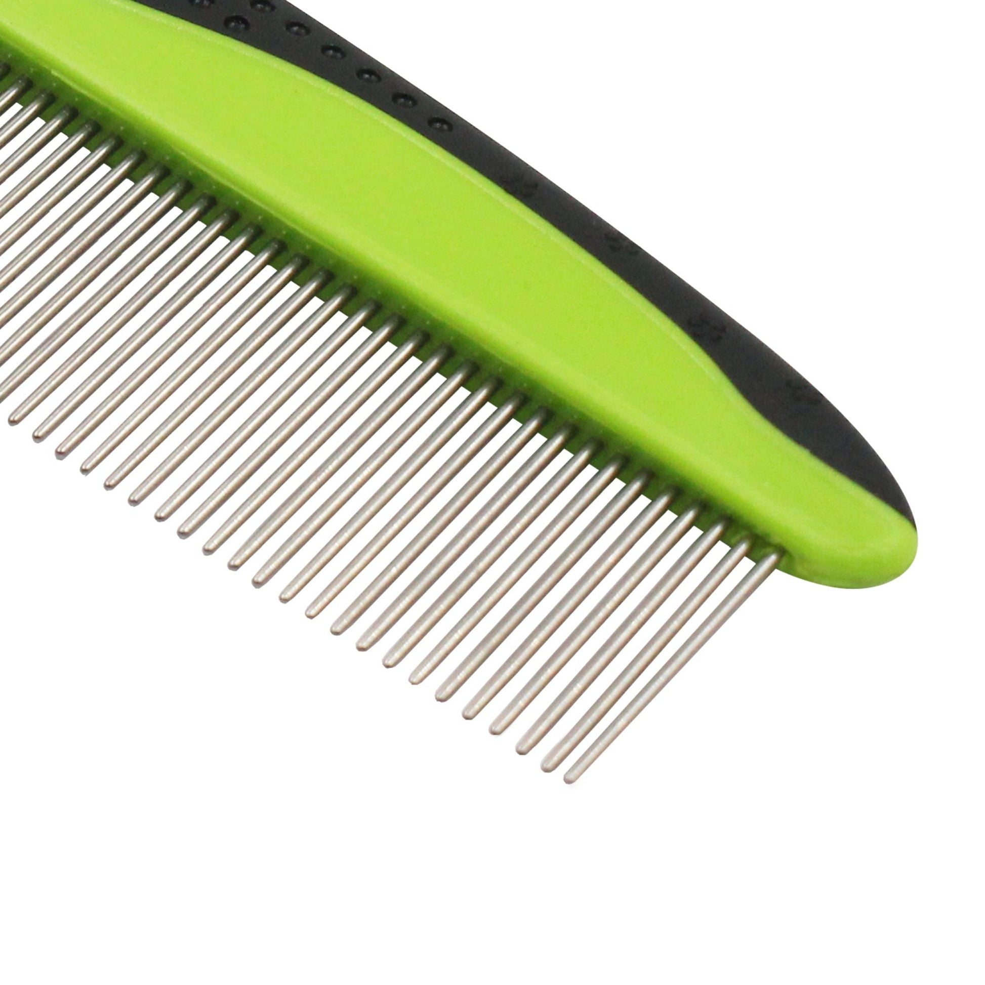 Green pet grooming comb with fine metal teeth and contoured black grip
