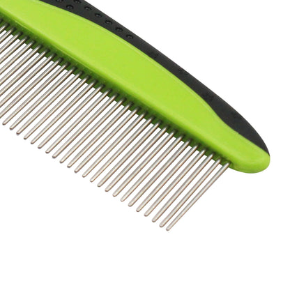 Green pet grooming comb with fine metal teeth and contoured black grip