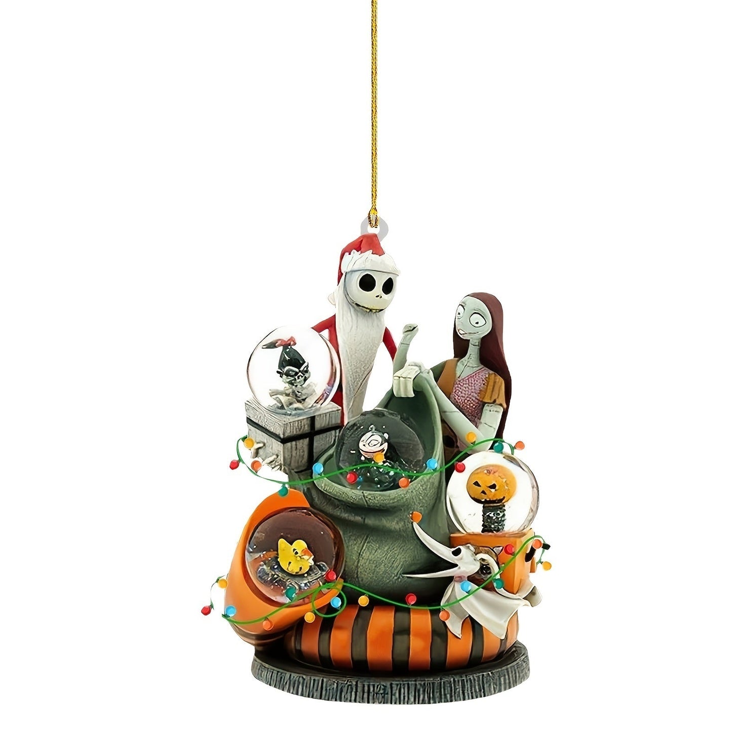 Round cauldron Halloween doll pendant ornament with multiple characters and jack-o-lantern