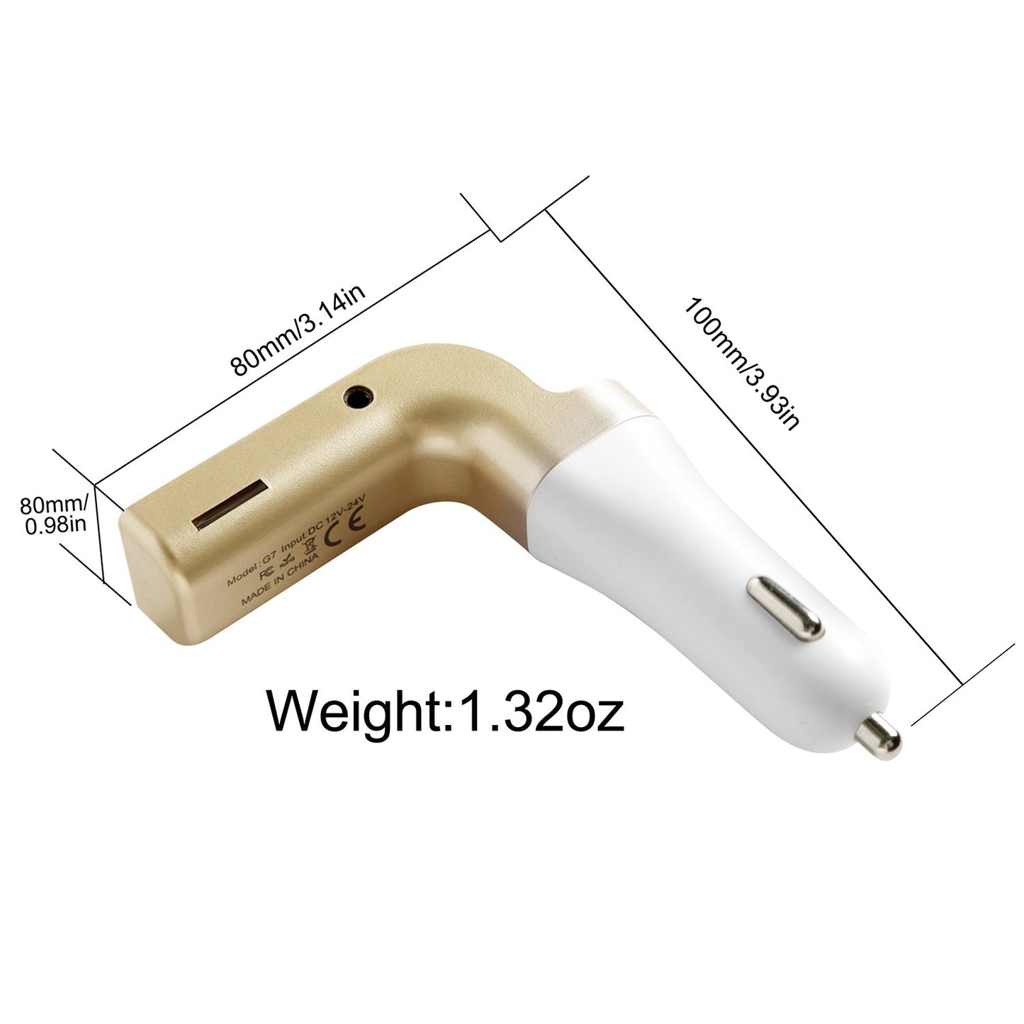 Gold and white car FM transmitter with labeled dimensions and 1.32oz weight