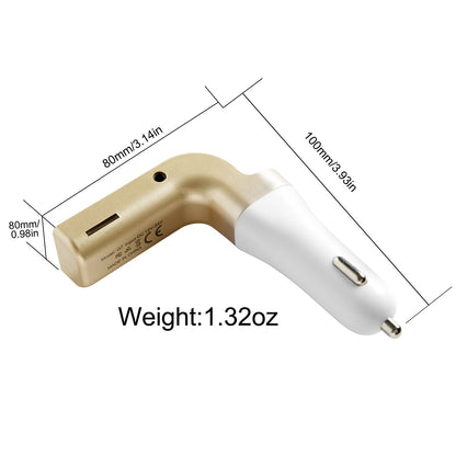 Gold and white car FM transmitter with labeled dimensions and 1.32oz weight