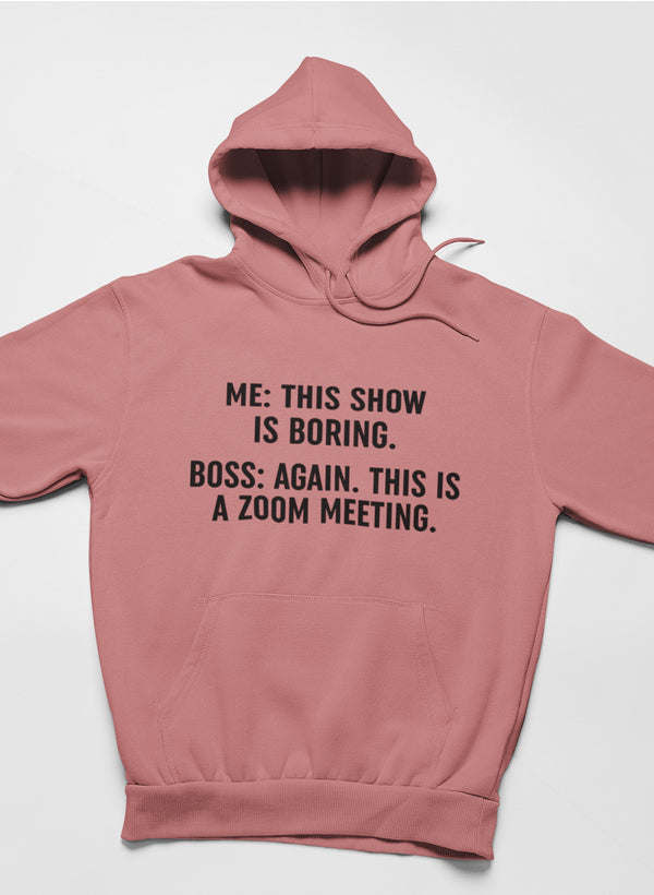 Mauve pullover hoodie with front graphic text and drawstring hood