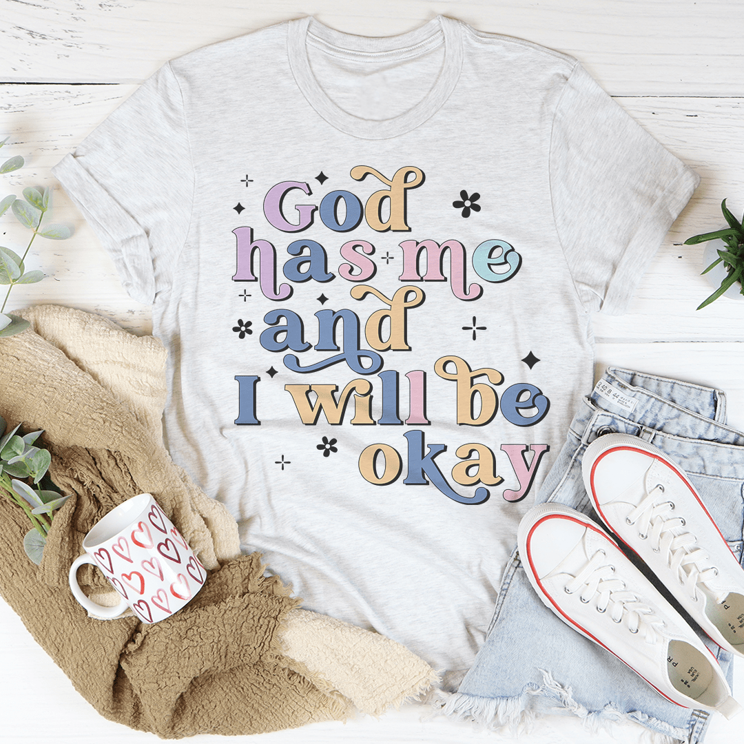 Light gray crew-neck T-shirt with colorful faith quote graphic on the front