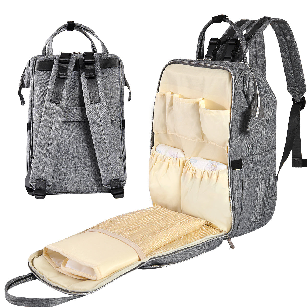 Gray diaper bag backpack with front zipper pocket and fold-open cushioned changing pad