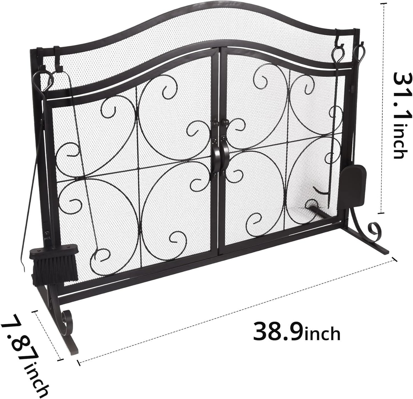 Black curved-top metal fireplace screen with two mesh doors and decorative scroll mesh