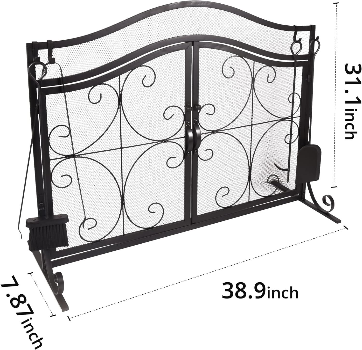 Black curved-top metal fireplace screen with two mesh doors and decorative scroll mesh