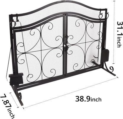 Black curved-top metal fireplace screen with two mesh doors and decorative scroll mesh