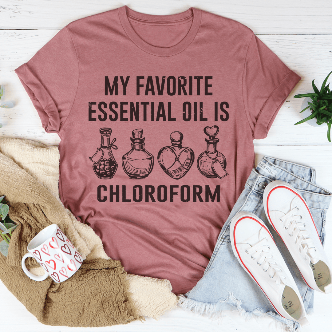 Mauve essential oil T-shirt with 'Chloroform' text and bottle icons.