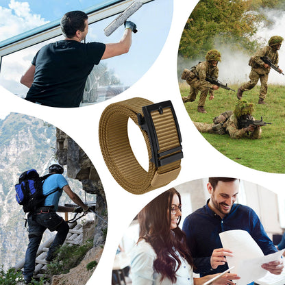 Olive nylon ratchet belt with black buckle, shown in detail