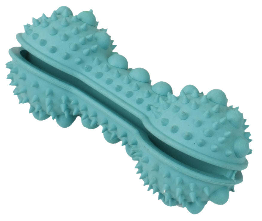 Blue TPR dental bone dog toy with raised nubs and ridged treat channel