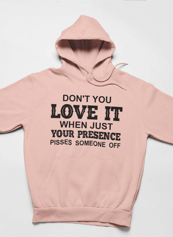 Light mauve pullover hoodie with front hood and bold graphic text