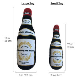 Wine bottle squeaky dog plush toy set with large and small bottles, red caps and printed labels