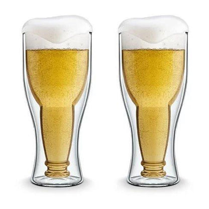 Novelty beer bottle glass, two goblets with golden beer and bottle-style base