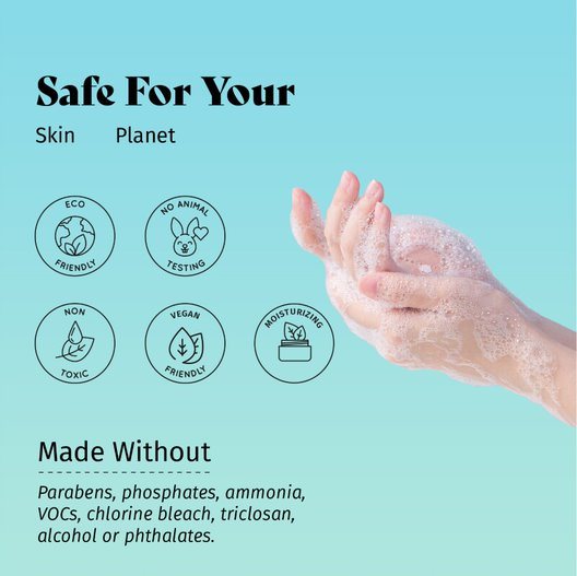 Handwash soap tablets lather on hands, with eco and vegan icons