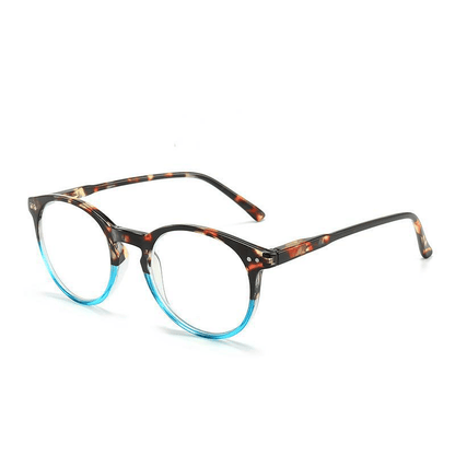 Tortoiseshell round reading glasses with blue-tinted lenses