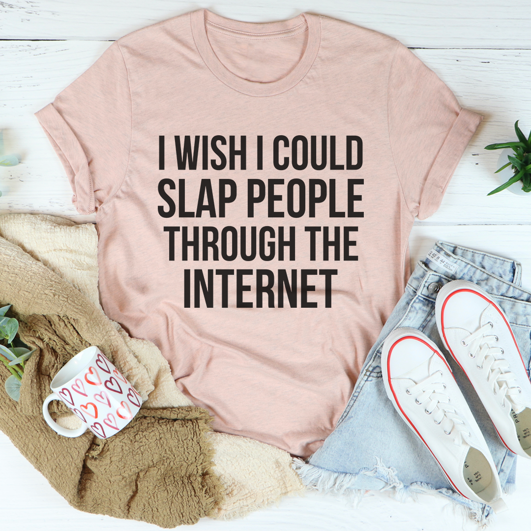 Blush pink short-sleeve T-shirt featuring 'Slap people through the internet' quote print