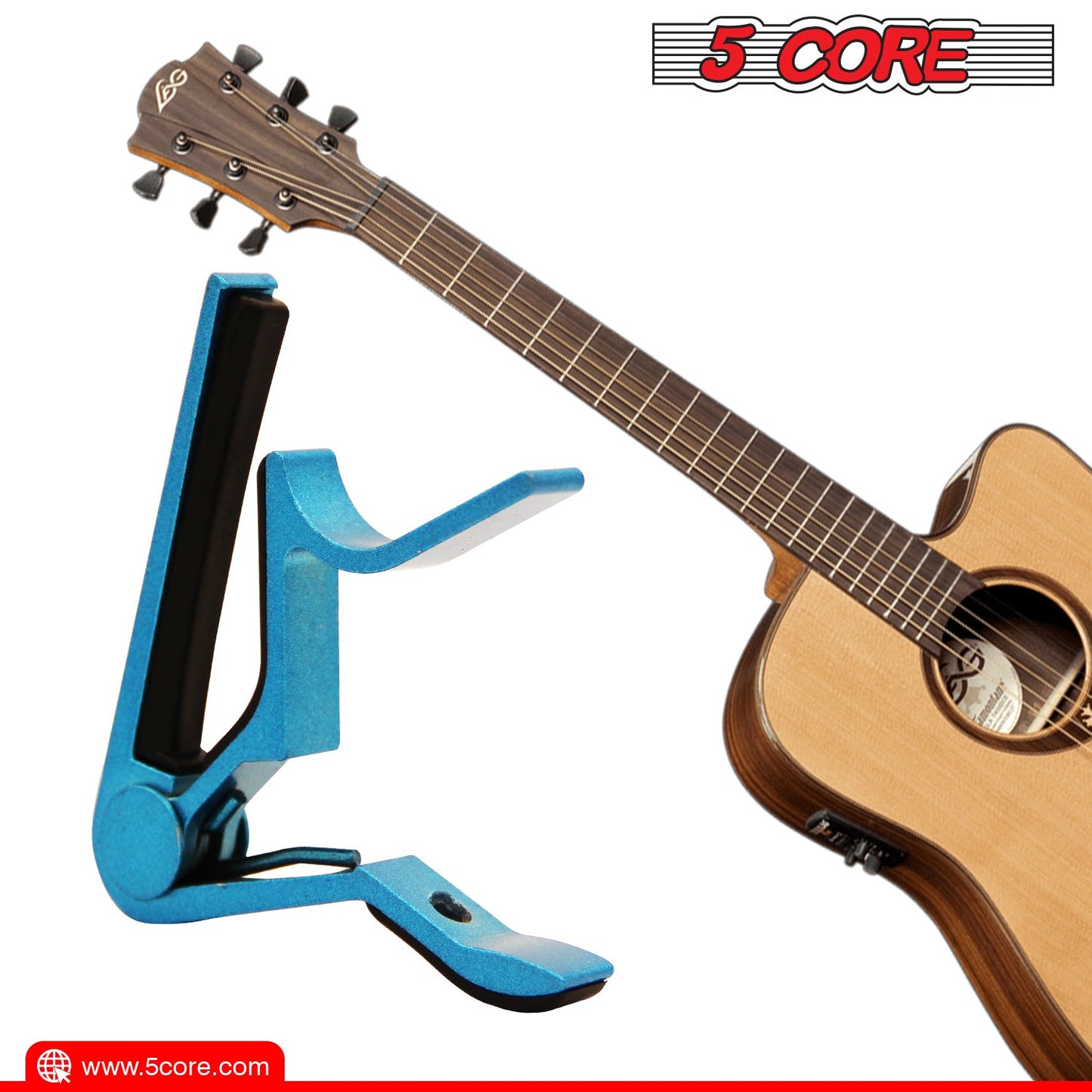 Blue guitar capo clamp beside acoustic guitar neck, black contact bar and lever.