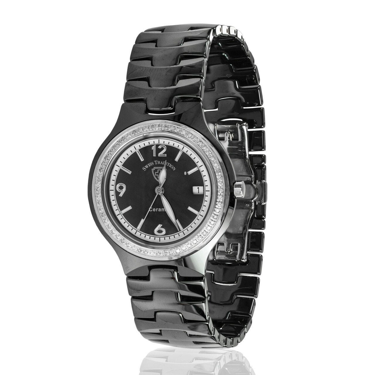 Black ceramic wristwatch with mother-of-pearl dial and crystal-studded bezel.
