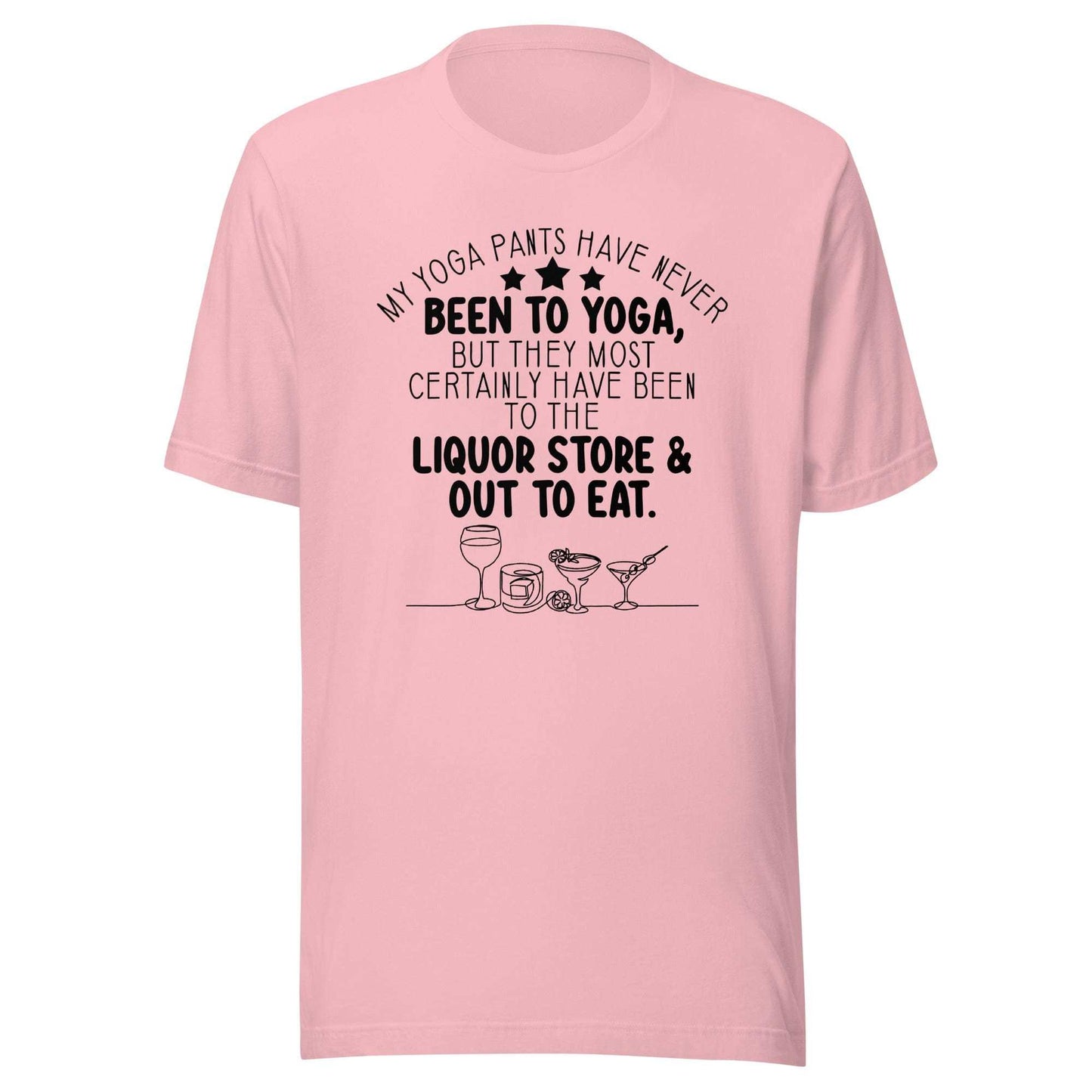 Pink T-shirt with centered front typography and line-drawn yoga/food icons