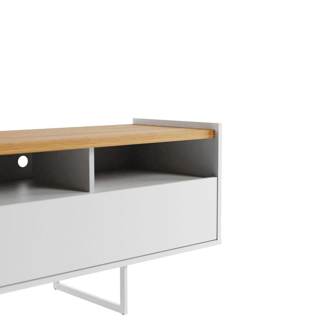 White TV stand interior shelf with cinnamon tabletop edge and cable opening
