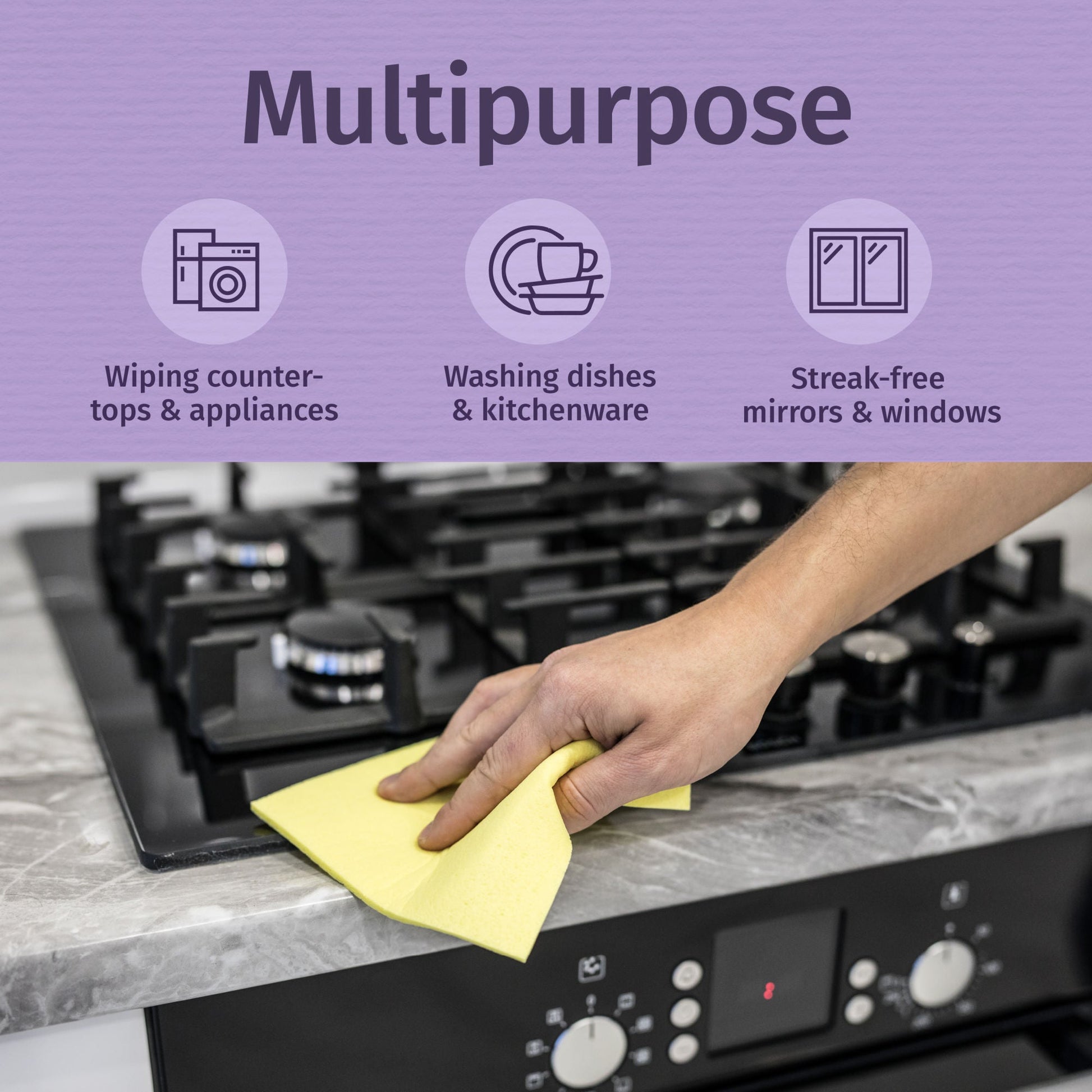 Skadu multi-surface wipe held by hand on a stovetop, yellow cleaning cloth