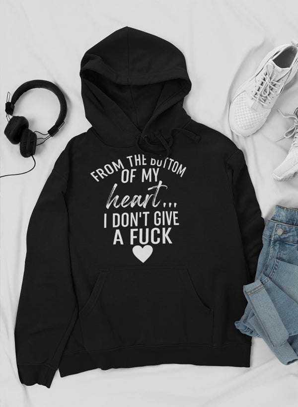 Black pullover hoodie with front graphic text and heart, kangaroo pocket.