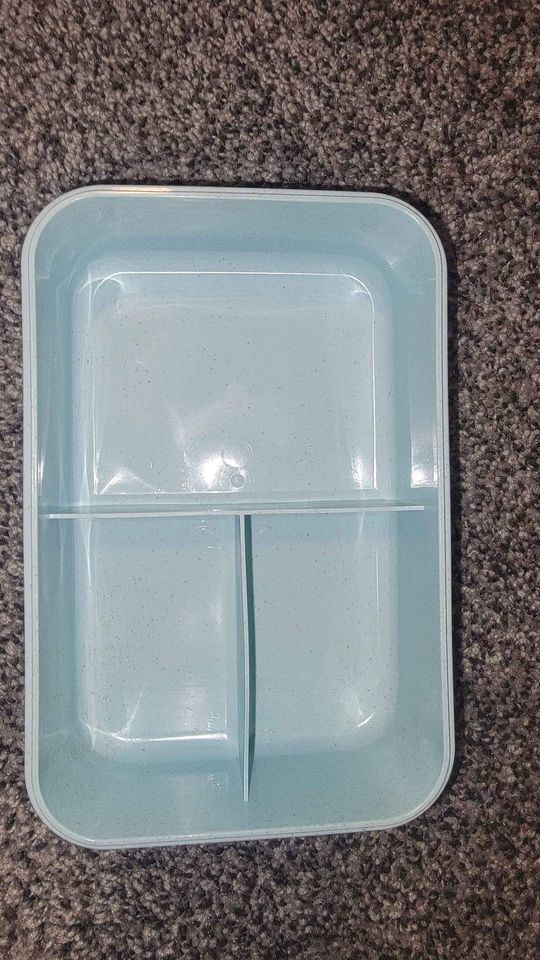 Blue bento box with matching lid and two-piece divider insert