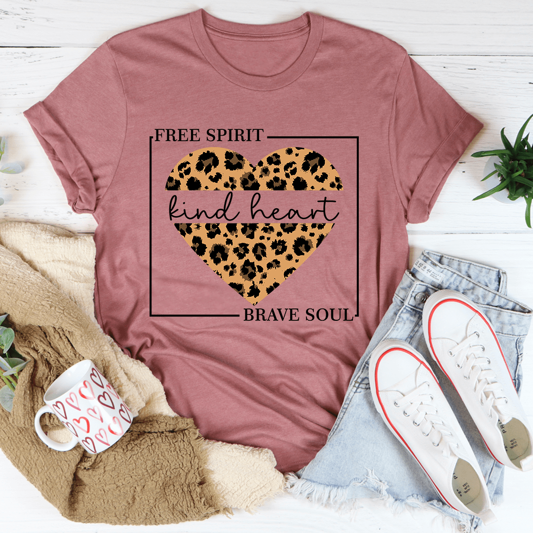 Mauve T-shirt with leopard heart graphic reading “Free Spirit kind heart Brave Soul”