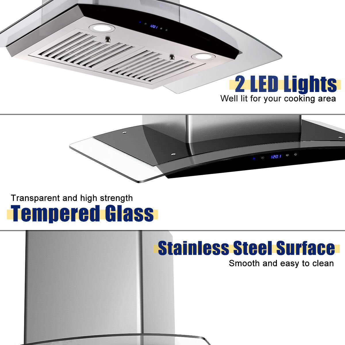 30-inch wall mounted range hood close-up with vent grille, glass shield, and stainless steel surface