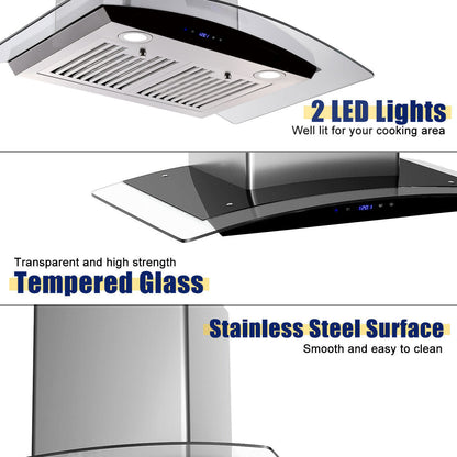 30-inch wall mounted range hood close-up with vent grille, glass shield, and stainless steel surface