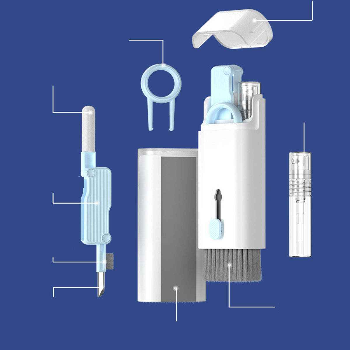 Multi-tool cleaner kit with multiple attachments and white storage base