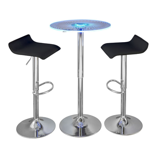 Spyra-Ale Contemporary Adjustable Bar Set in Chrome Metal, Clear Acrylic with Light Up Tabletop, and Black PVC by - 3 Piece