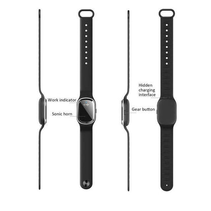 Mosquito repellent watch band, black strap with side view of charging and control area