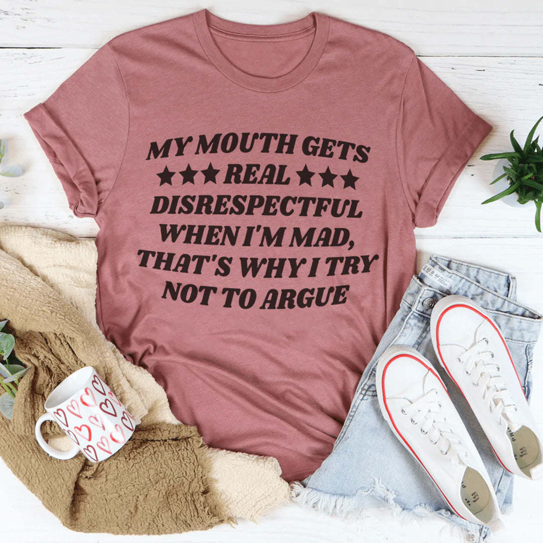 Mauve short-sleeve T-shirt with bold black slogan graphic on the front