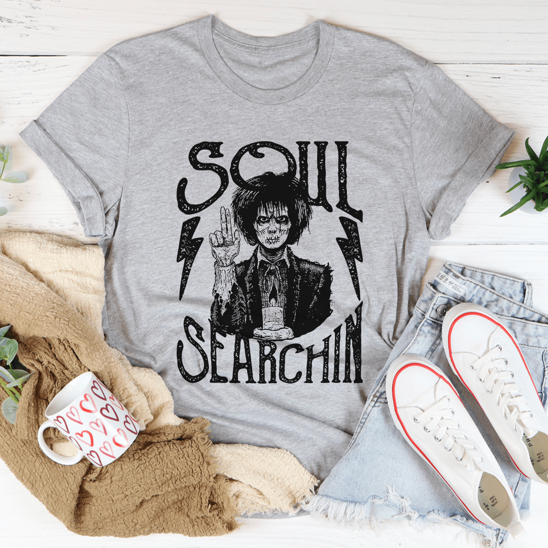 Gray short-sleeve Halloween T-shirt featuring black Soul Slarchlin skull print