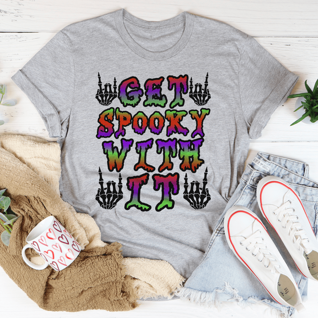 Light gray T-shirt with colorful spooky word art and skeleton hand graphic