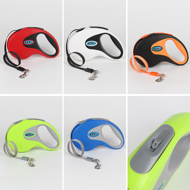 Retractable pet leashes in red, white, orange, green, and blue housings with hooks