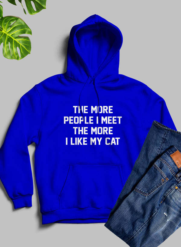 Royal blue cat lover pullover hoodie with front pocket and hood; “I like my cat” text graphic