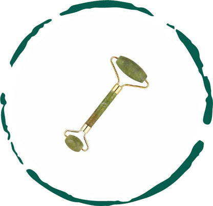 Gua sha jade roller with gold frame and green stone roller heads