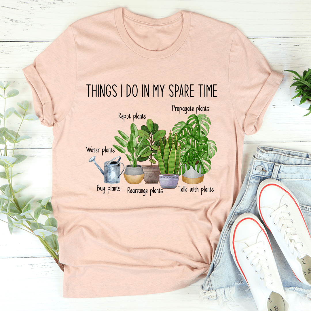 Peach T-shirt with plant graphic reading 'Things I Do In My Spare Time'